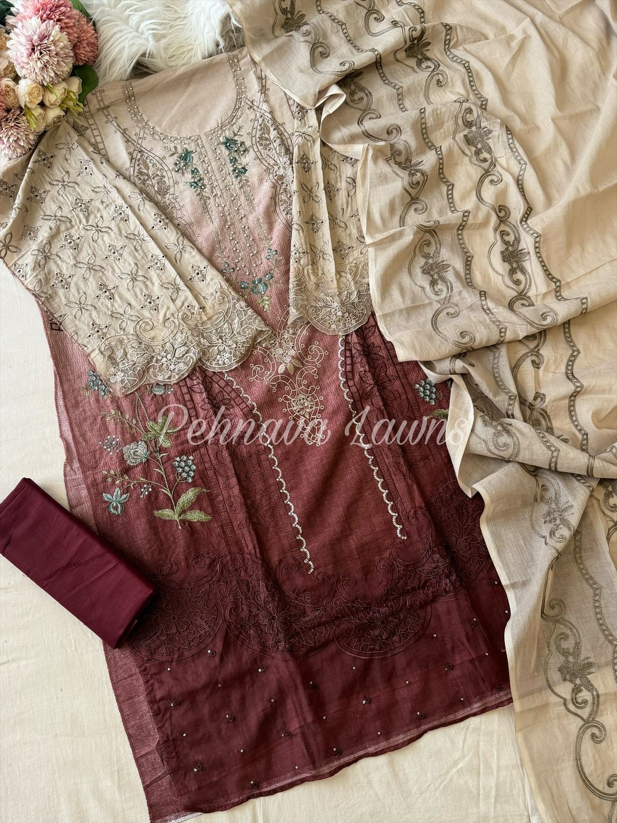 Cotton Embroidered Suit with Cotton Dupata