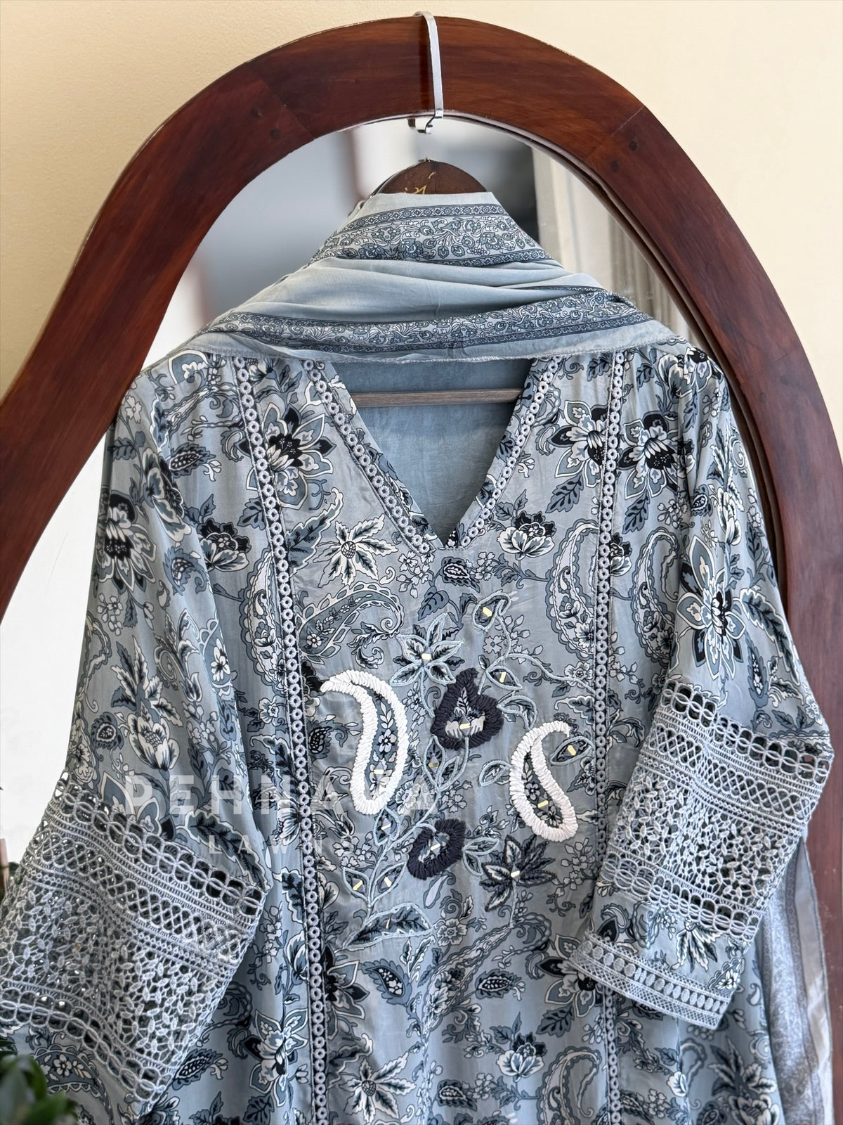 Floral Print Suit with Lace-Olive