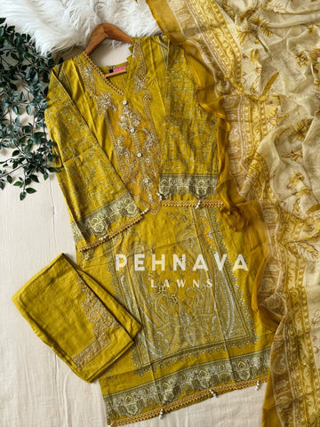 Printed Casual Suit with organza patches-yellow 495