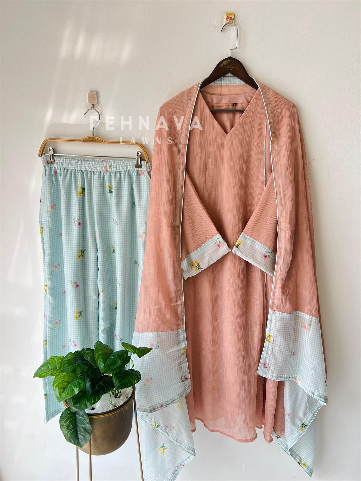 Floral Print Check Ensemble-4346