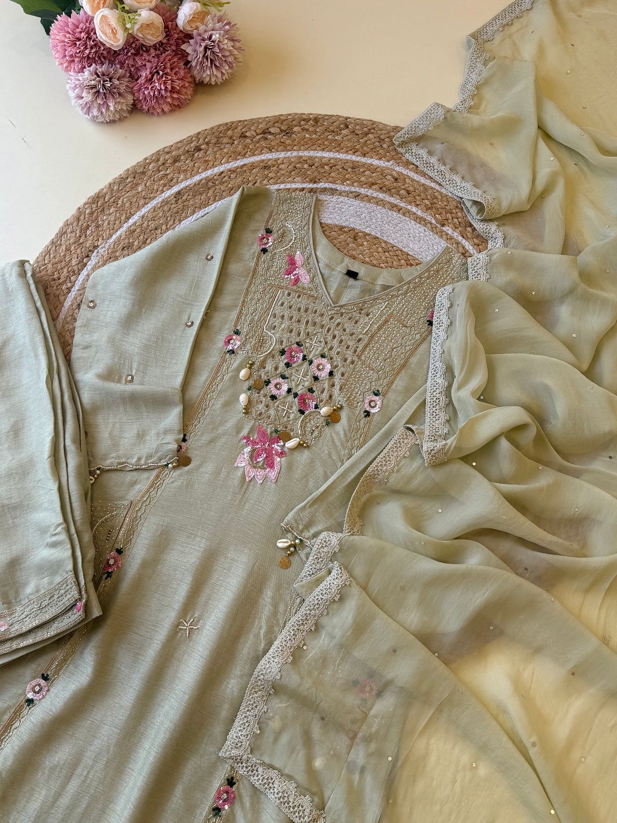 Handworked suit with pockets and organza dupatta-3 color options