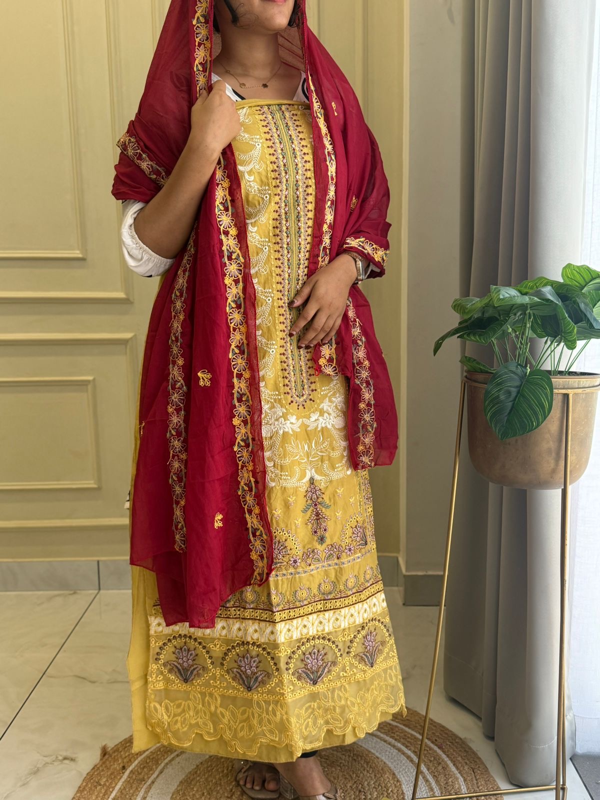 Yellow Semistitched Cotton Fully Embroidered Suit