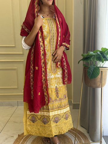 Yellow Semistitched Cotton Fully Embroidered Suit
