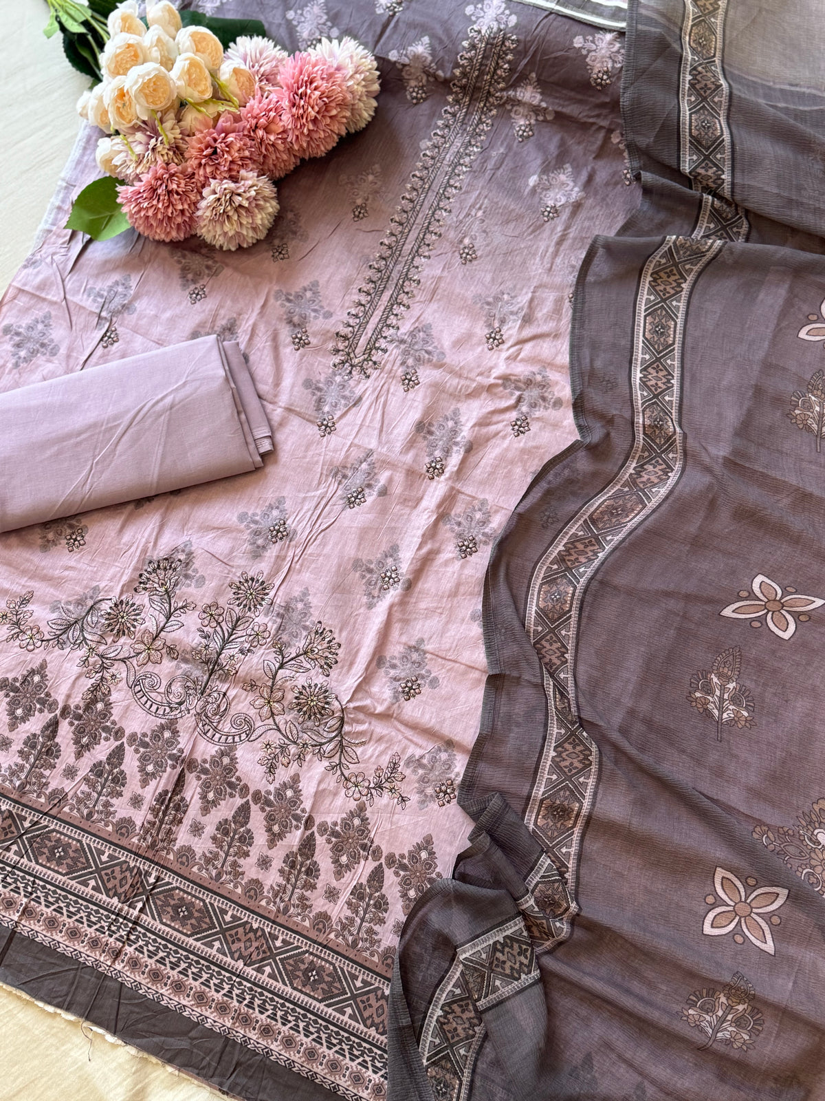 Embroidered  cotton suit with digital printed  dupatta-4 3244