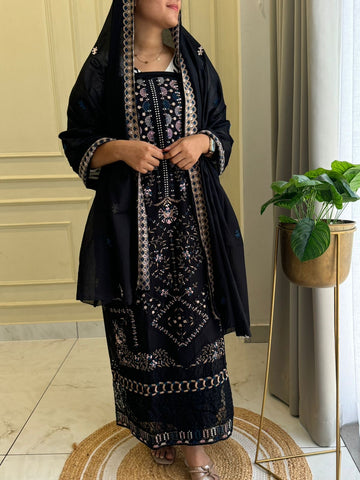Black Semistitched Cotton Fully Embroidered Suit