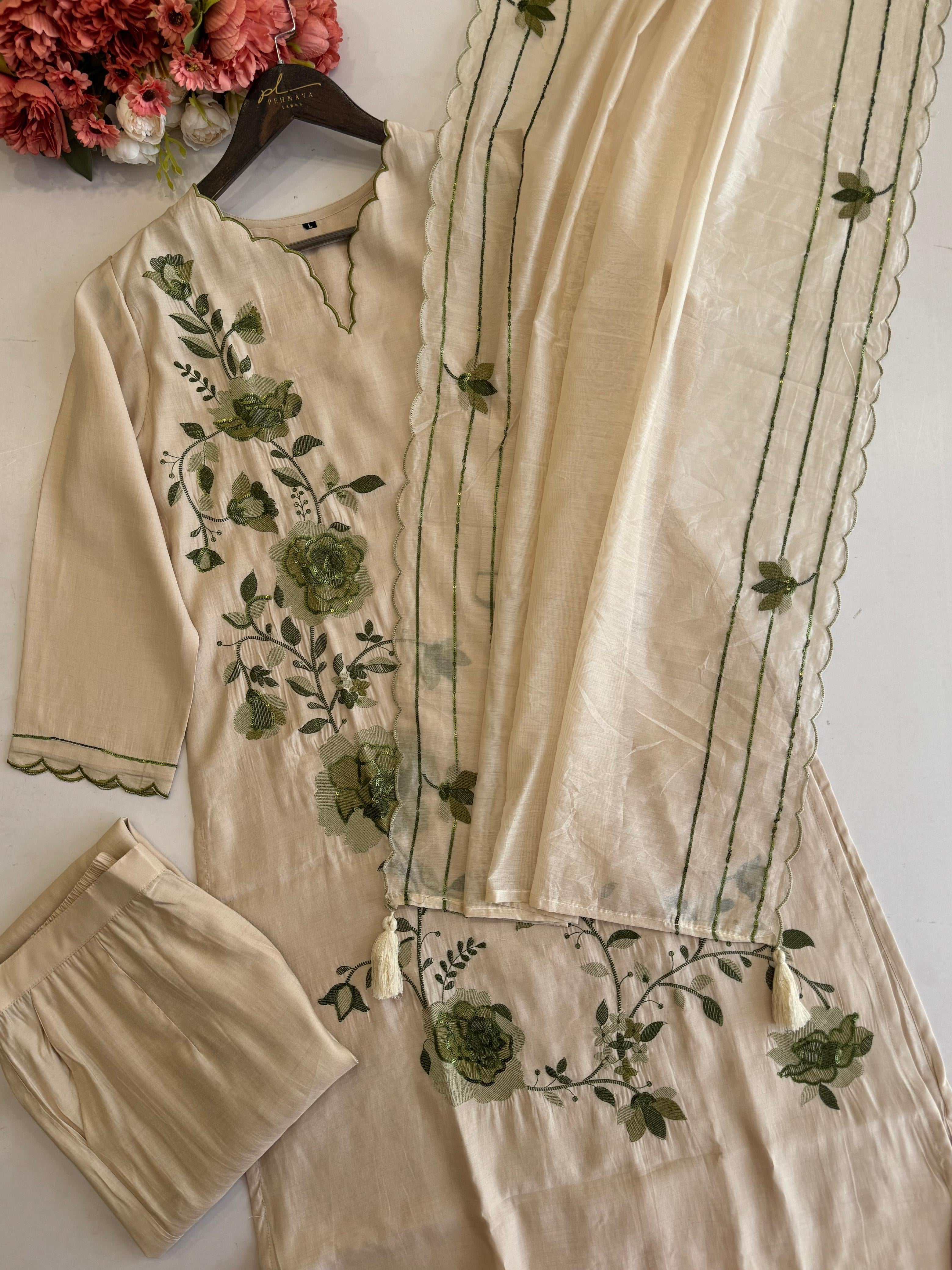 Premium Glass Chanderi Three Piece Set