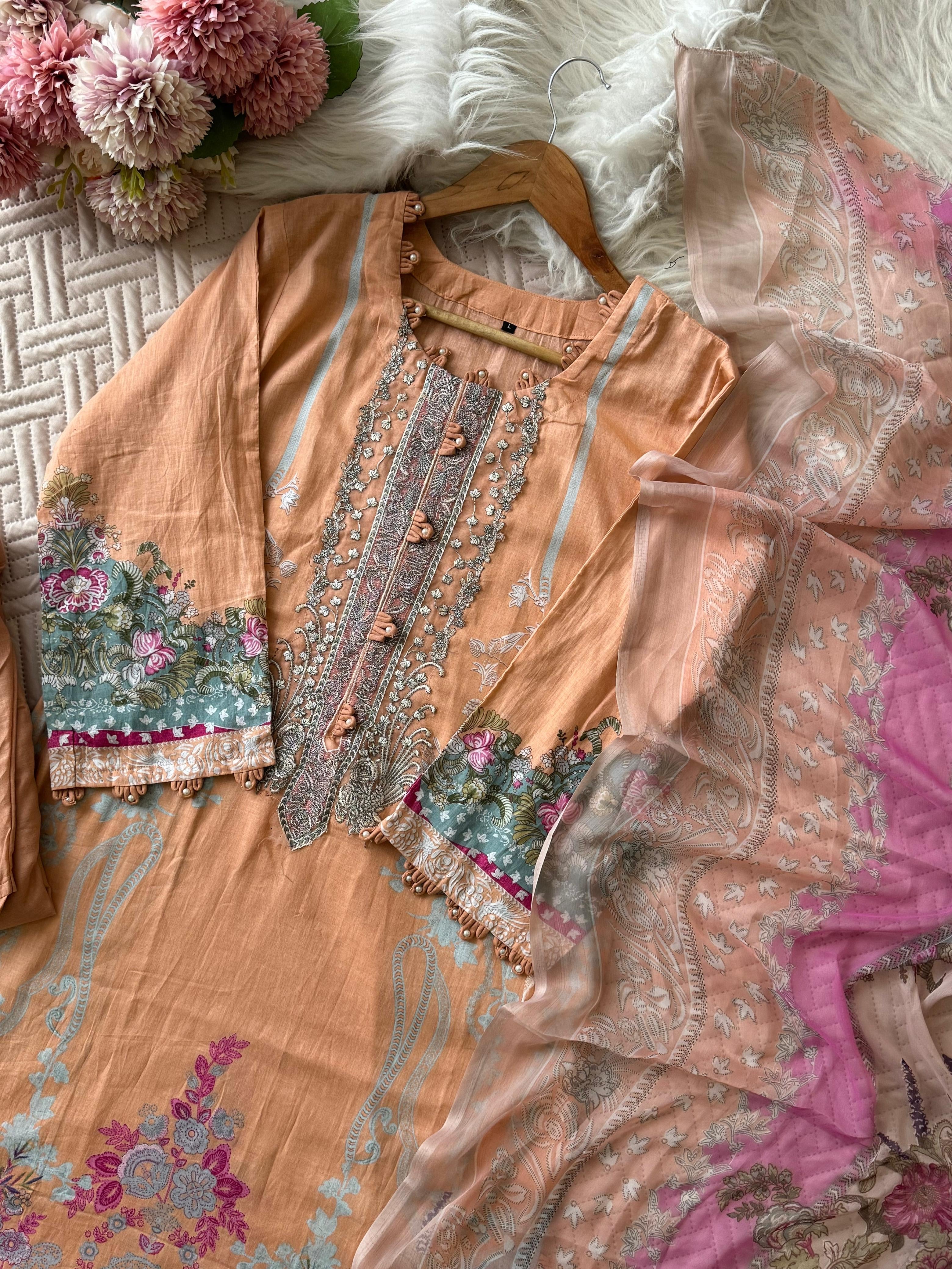 Orange Embroidery Detailed Floral Suit