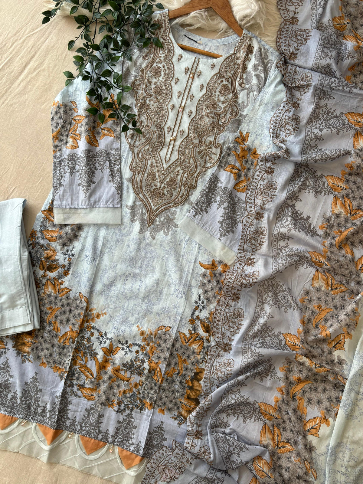 Printed Pakistani Cotton Suit Ft.Neckline Embroidery-5