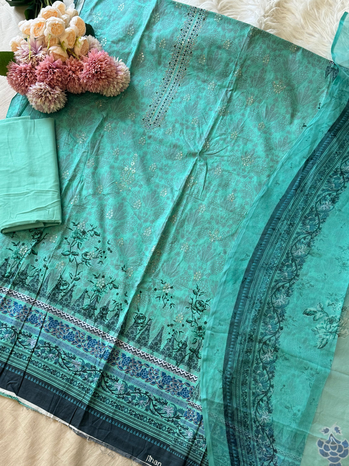 Embroidered  cotton suit with digital printed  dupatta-2