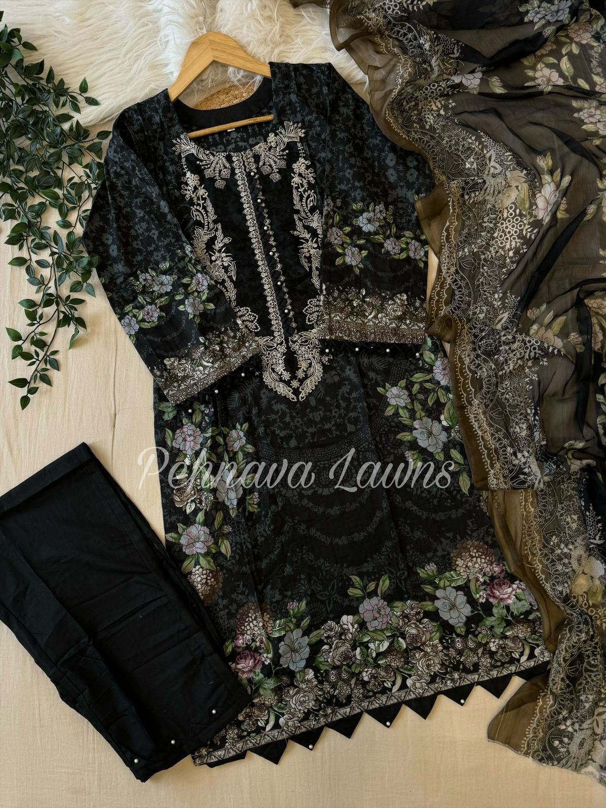 Cotton Embroidered Suit with Chiffon/Cotton Dupatta 1092