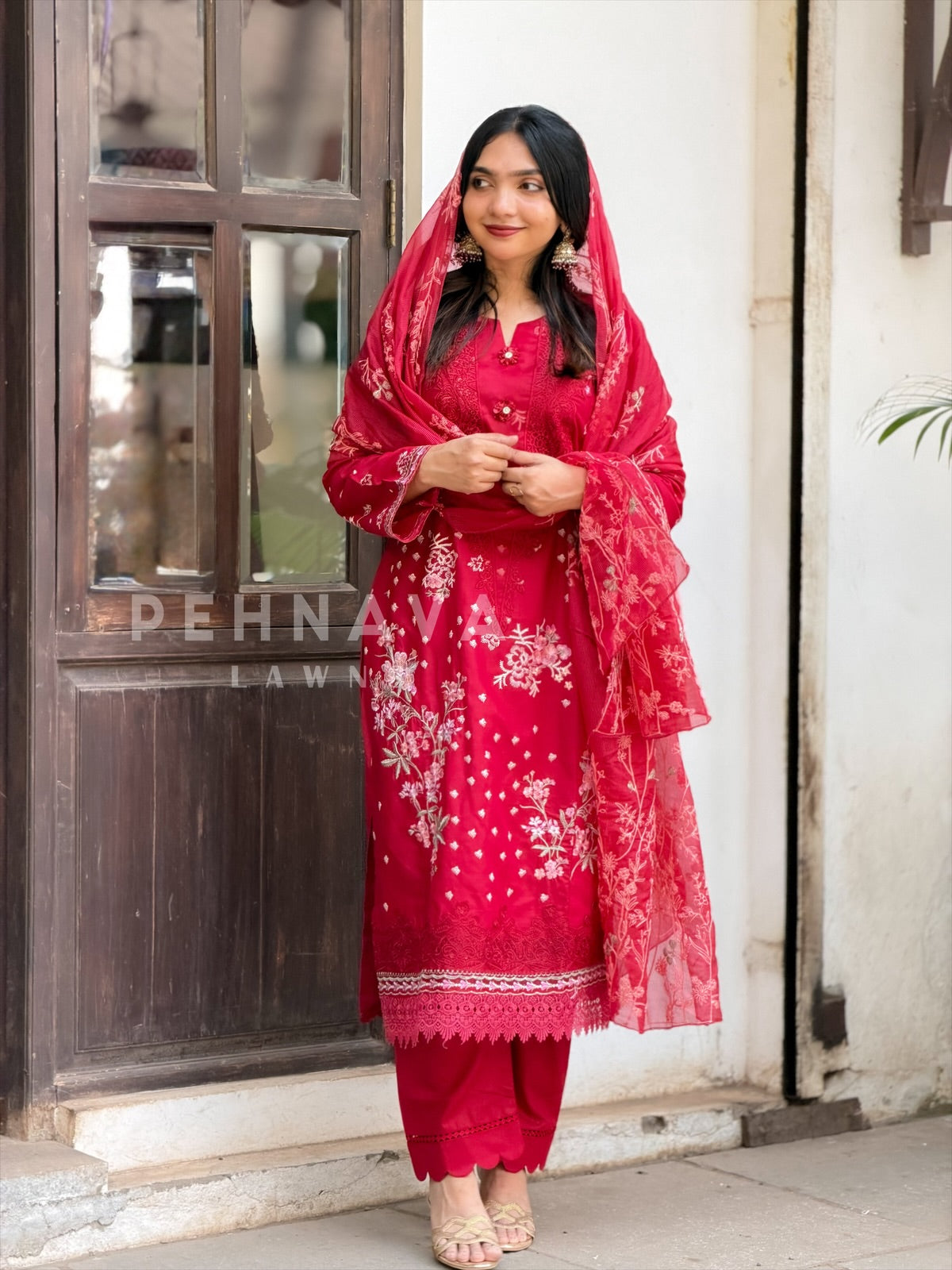 Semi stitched red suit set-186 - Pehnava Lawns