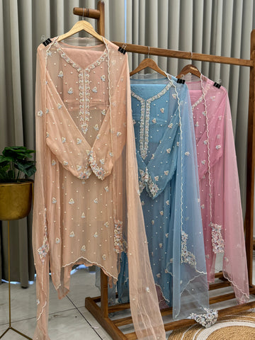Premium Chiffon handwork suit with bottom and organza dupatta-903