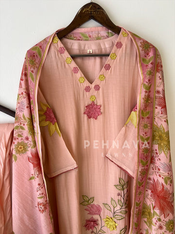 Floral Embroidered with Appliqué Chanderi Suit - Pehnava Lawns