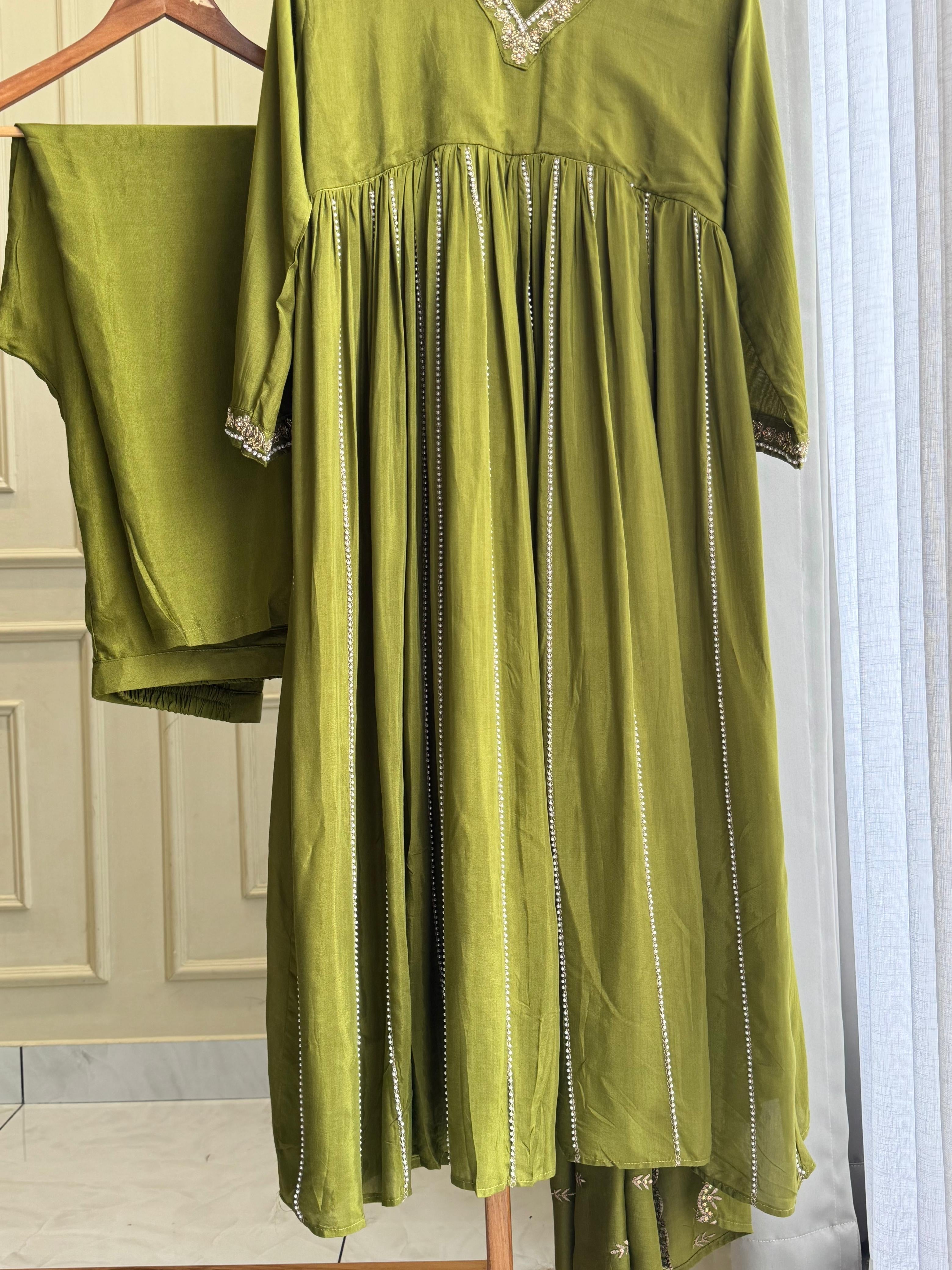 Rayon Anarkali Pleated suit with Pearl detailings