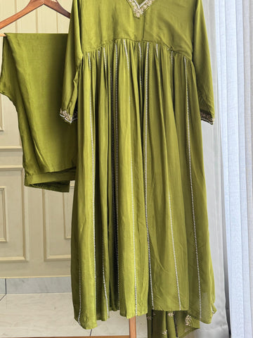 Rayon Anarkali Pleated suit with Pearl detailings