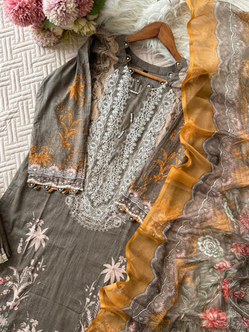 Grey Embroidery Detailed Floral Suit