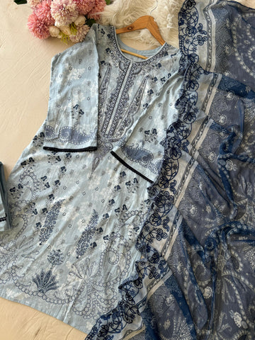 Blue Printed Unstitched suit 3977