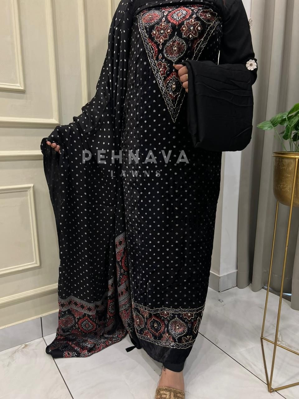 V-Neck Velvet Touch Ajrakh Suit - Pehnava Lawns