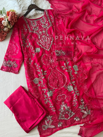 Embroidered Chiffon Suit Set-5232 E