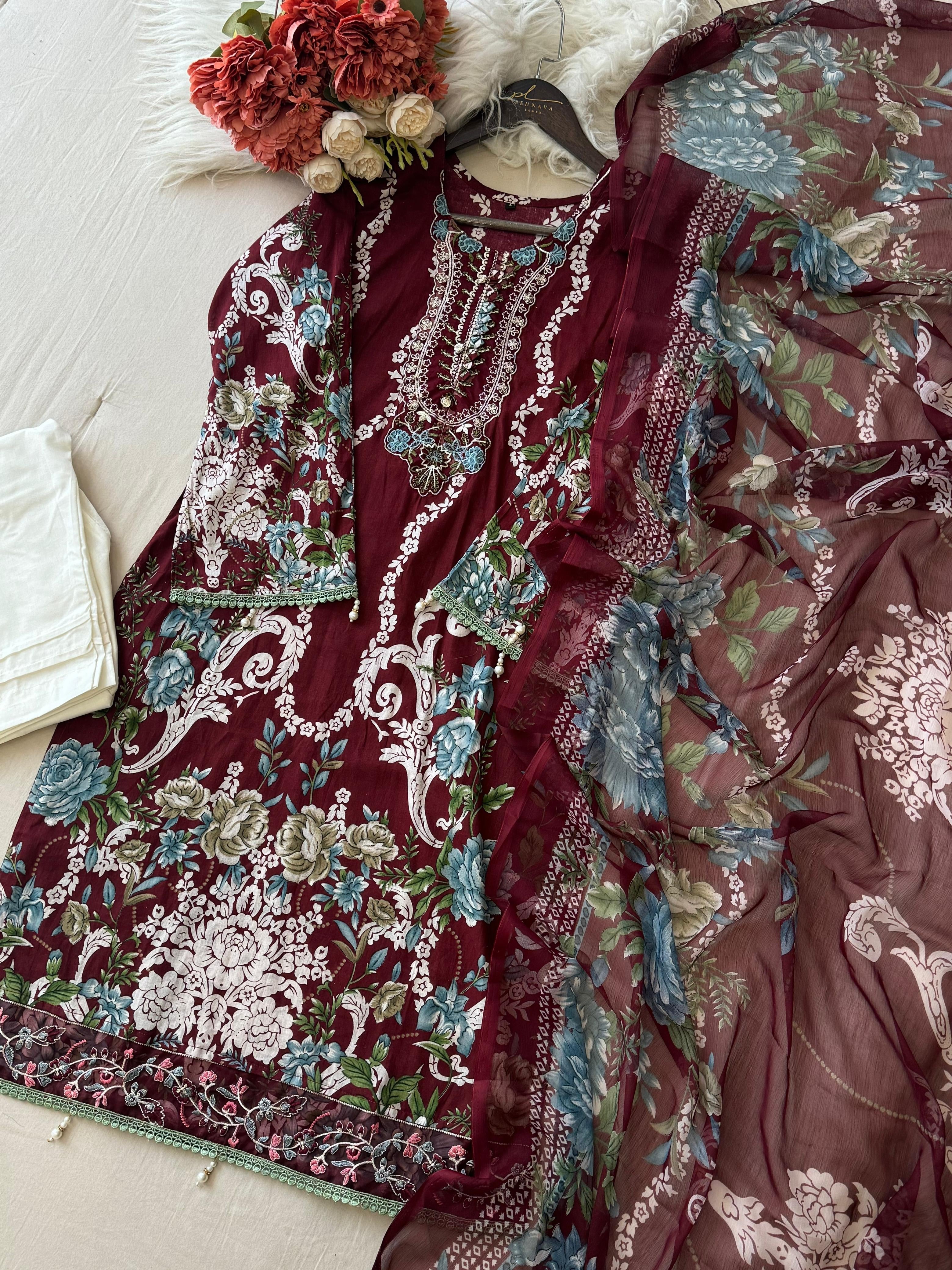 Maroon casual suit with pure chiffon/cotton dupatta-1351