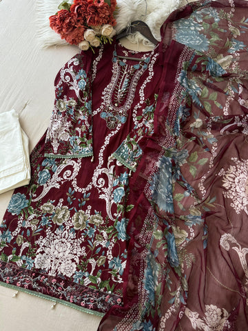 Maroon casual suit with pure chiffon/cotton dupatta-1351