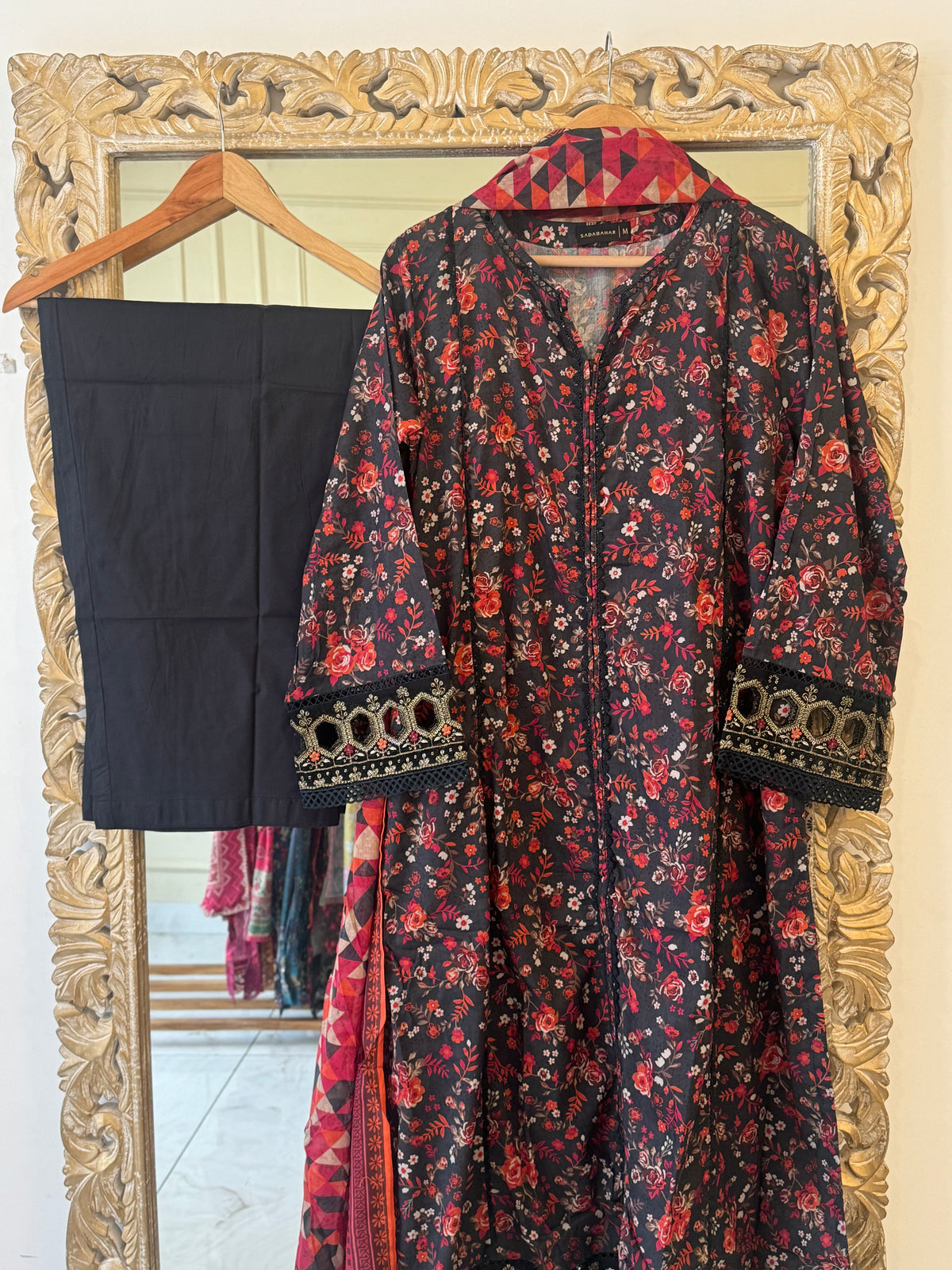 Pure Lawn Suit with embroidered patches and lace detailings-Sd7
