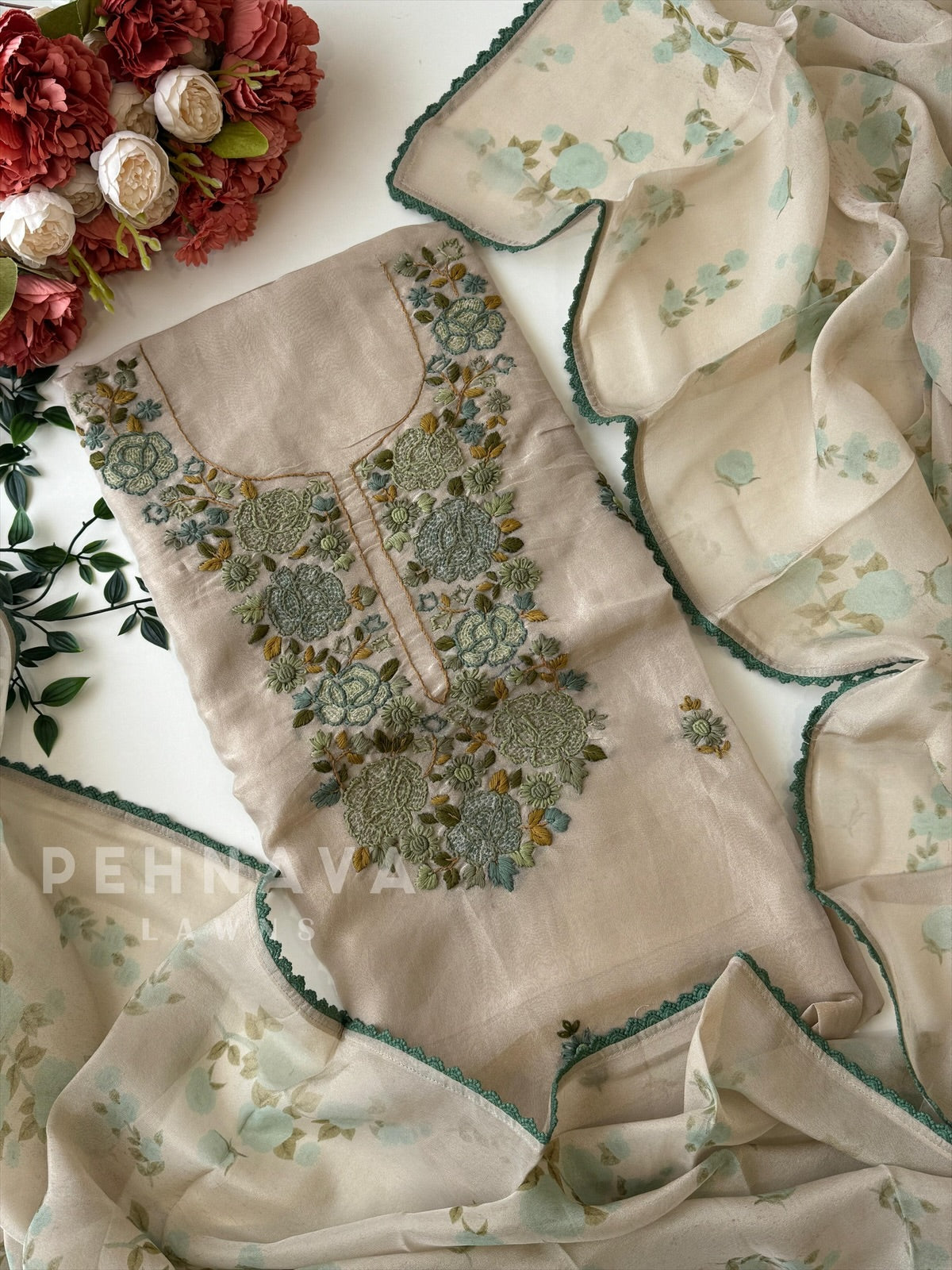 Premium Crushed Tissue Embroidered Unstitched Suit No.2 - Pehnava Lawns