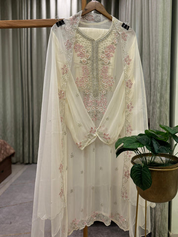 Premium Chiffon handwork suit with bottom and organza  hand  worked dupatta-2246