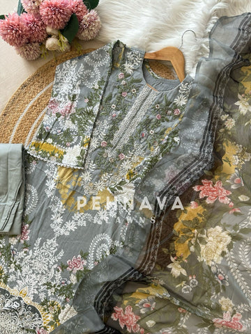 Pakistani printed cotton suit with embroidered patches -9081