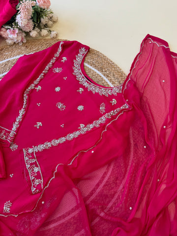 chinnon stitched suit with hand work detailings-hot pink