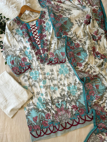 Floral neckline suit with dupatta - Pehnava Lawns