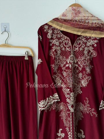 Rayon Embroidered Suit-Maroon 3639A