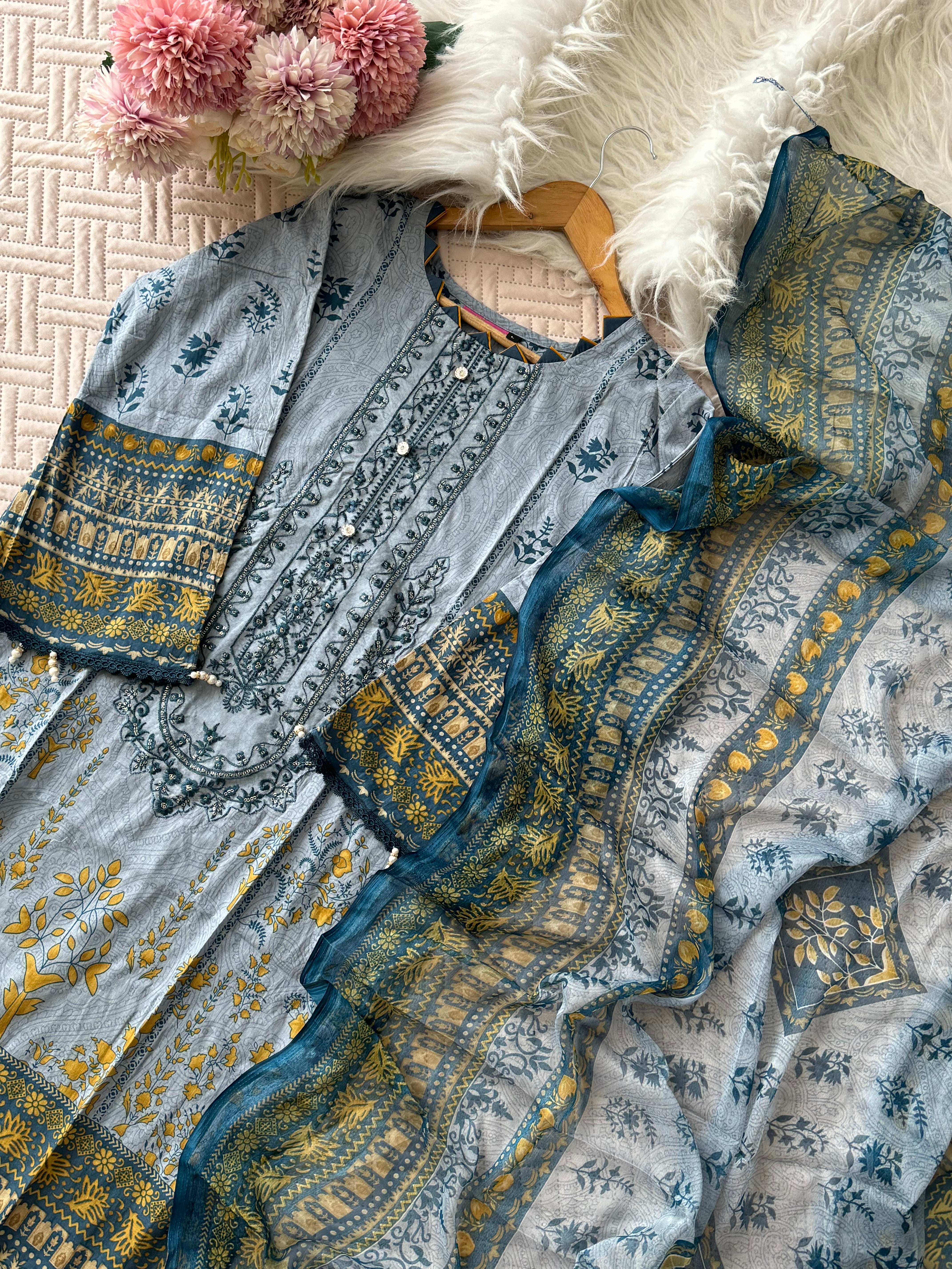 Self Embroidered greyish blue suit