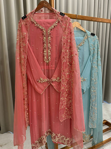 Premium organza  handwork suit with bottom and organza  hand  worked dupatta-1098