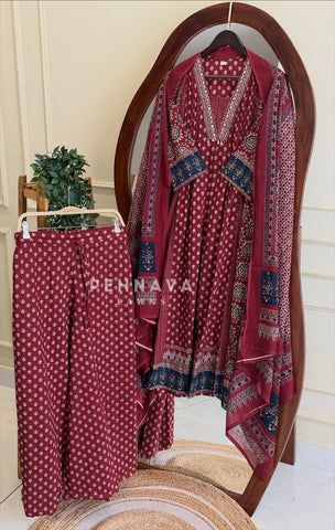 Pleated Yoke Ajrak Printed Suit