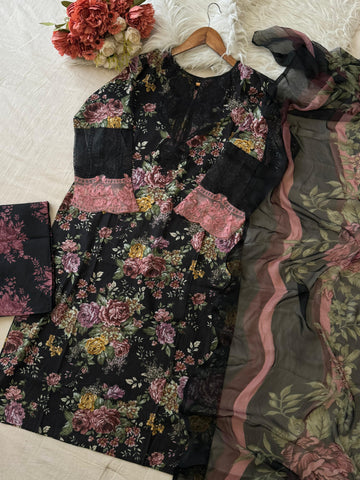 New Black Floral Printed Suit