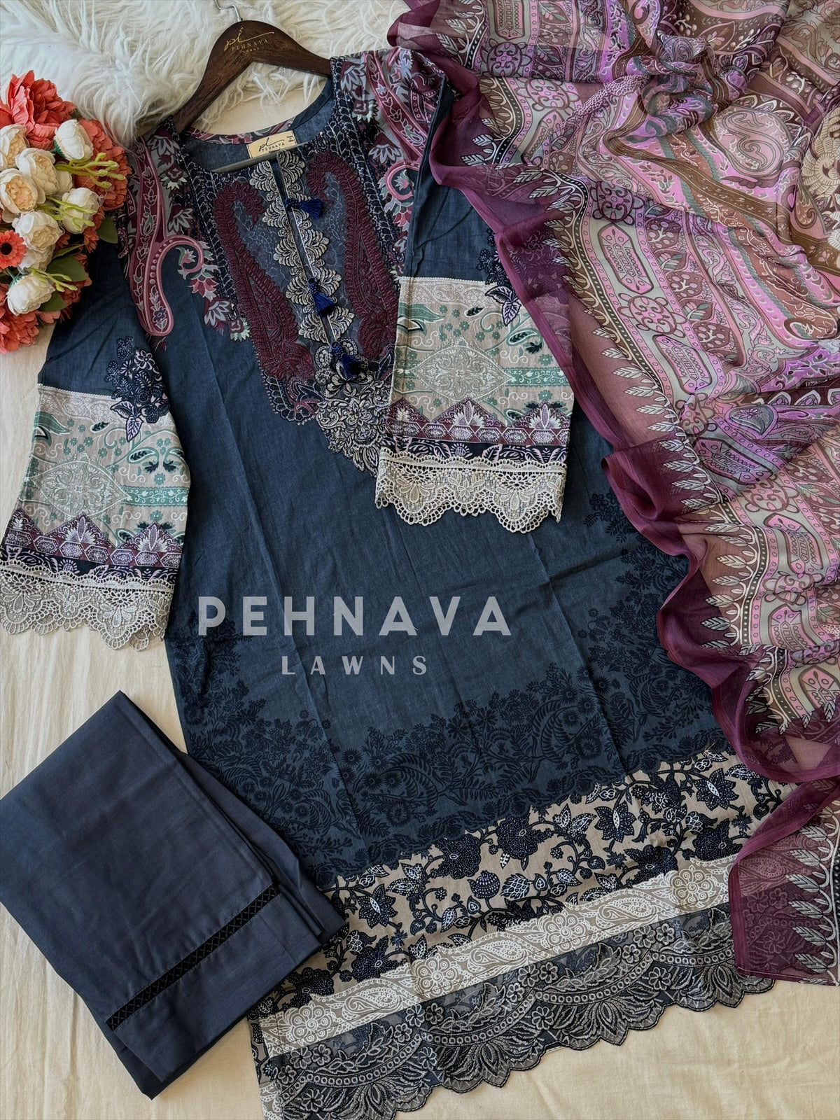 Embroidered Neck Unstitched Suit-1757