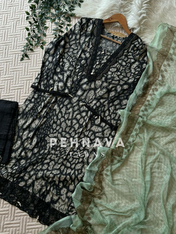 Black Printed Lawn Suit With Chiffon Dupatta