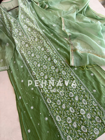 Chanderi chikankari suit - Pehnava Lawns
