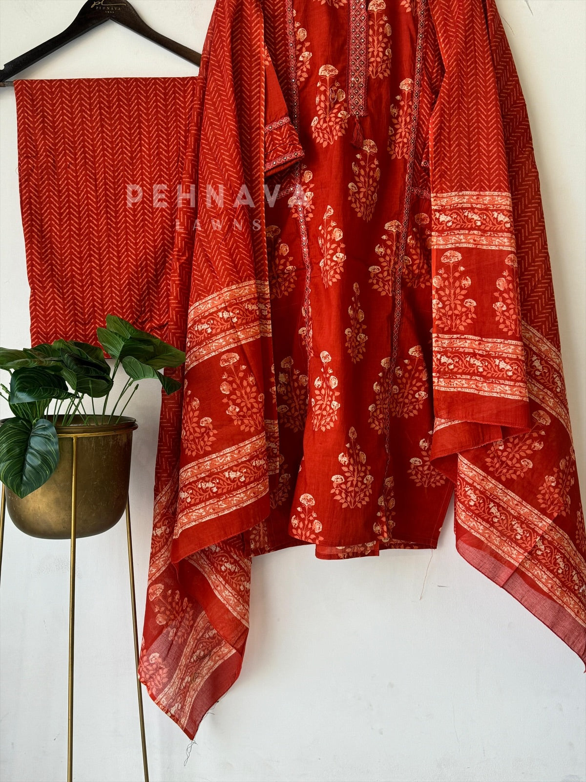 Orange Floral Kurtha Suit -5670 - Pehnava Lawns