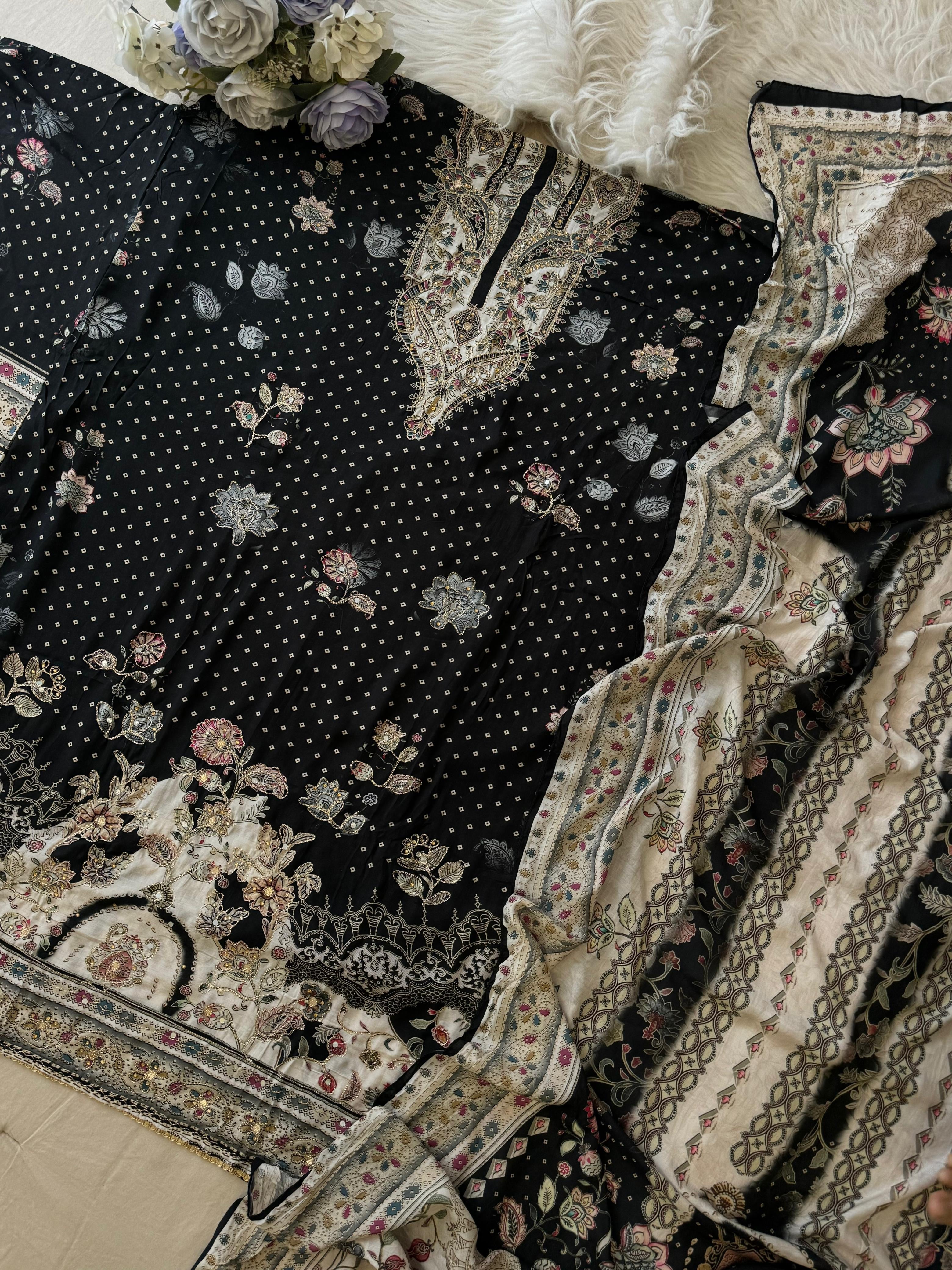 Premium Black and White Muslin Suit-285