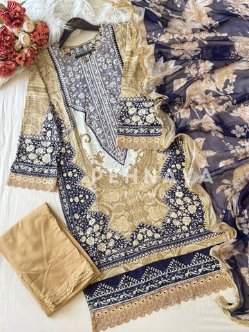 Violet’n Yellow Neckline Embroidered Pak-Suit - Pehnava Lawns