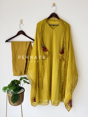 Lace‑Trimmed Embroidery Lawn Suit-16327