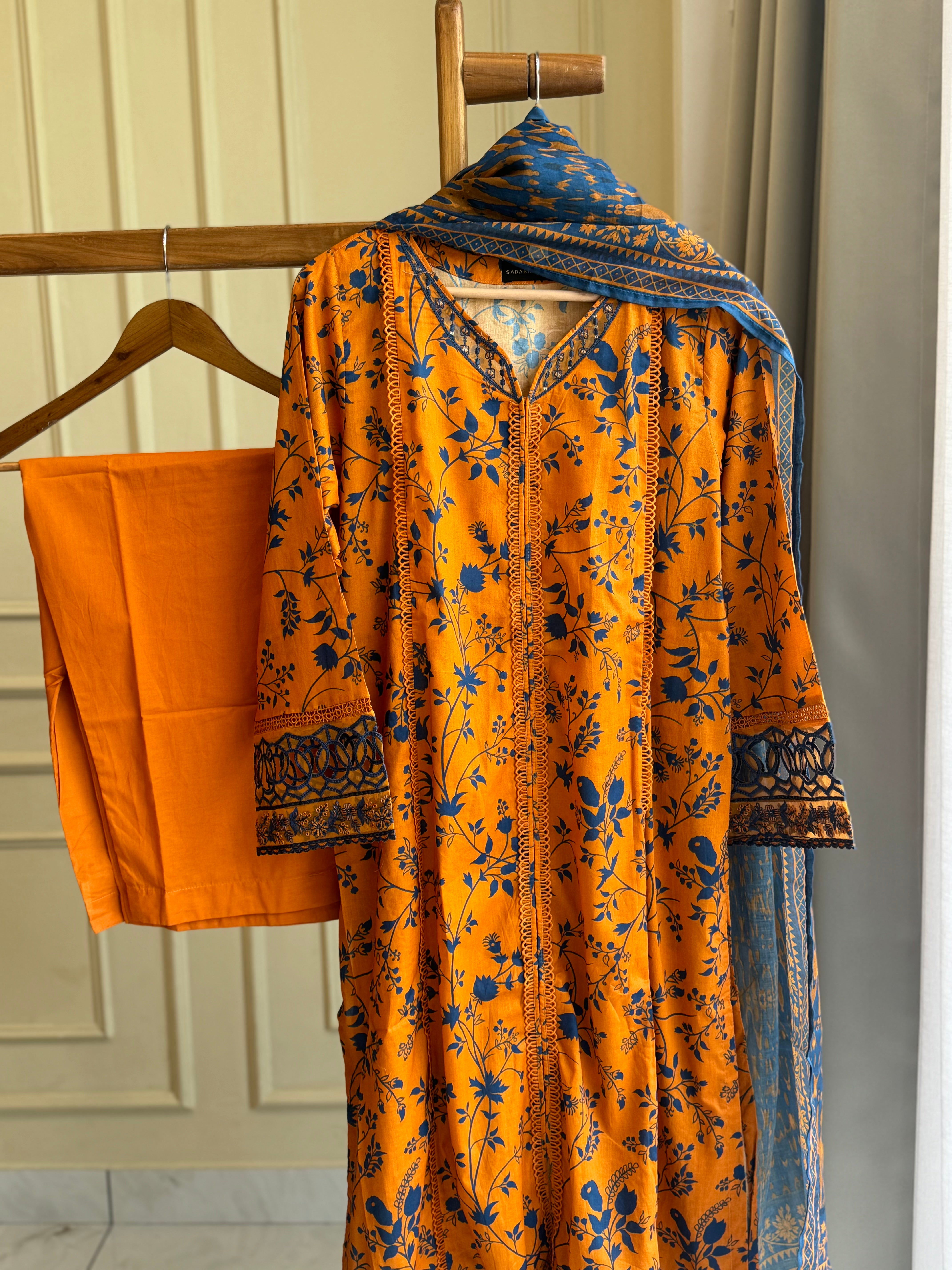 Pure Lawn Suit with embroidered patches and lace detailings-Sd8