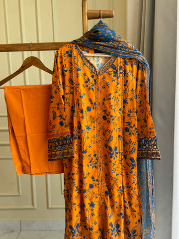 Pure Lawn Suit with embroidered patches and lace detailings-Sd8
