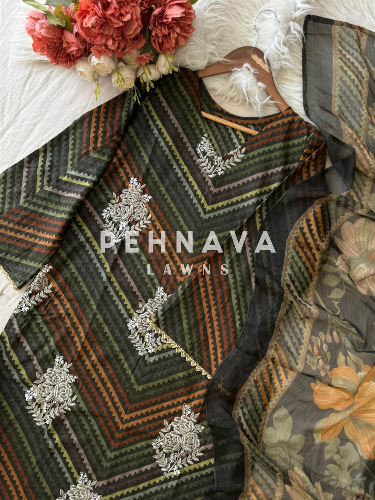 Classic Embroidered Chevron Suit with Printed Dupatta-002