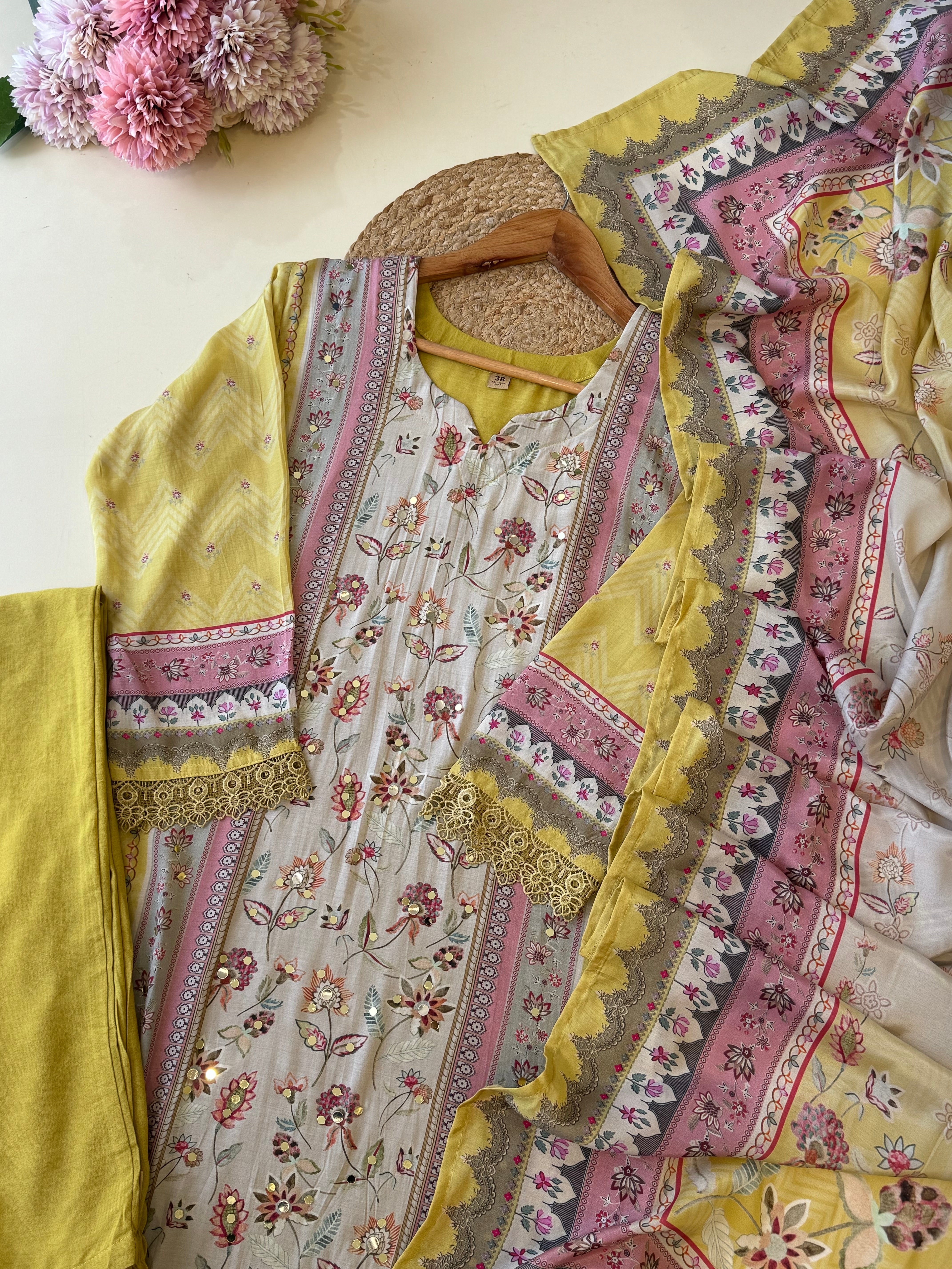 Pure Muslin Suit featuring mirror detailings