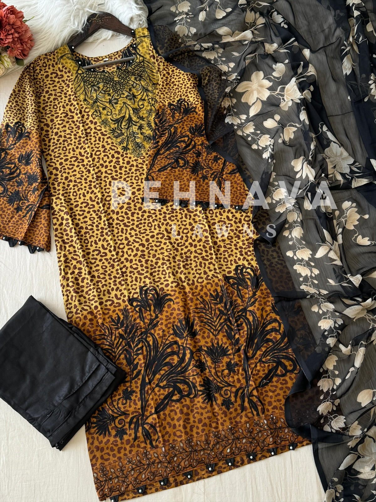 Three-Piece Ethnic Embroidery with Floral Dupatta-1355