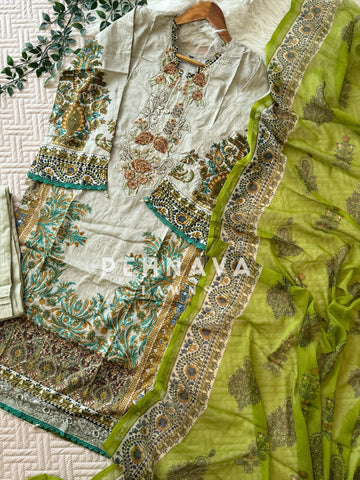 Green Cotton Suit With Chiffon Dupatta