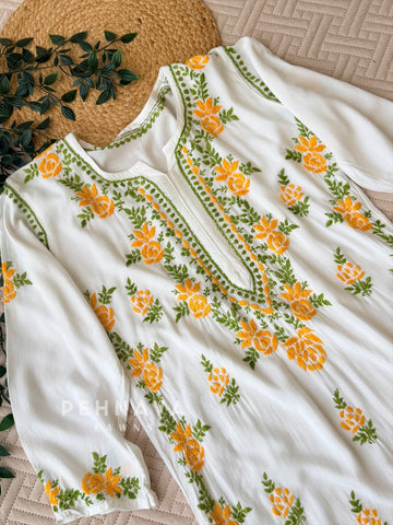 White & Yellow Chikankari Rayon Kurta Set